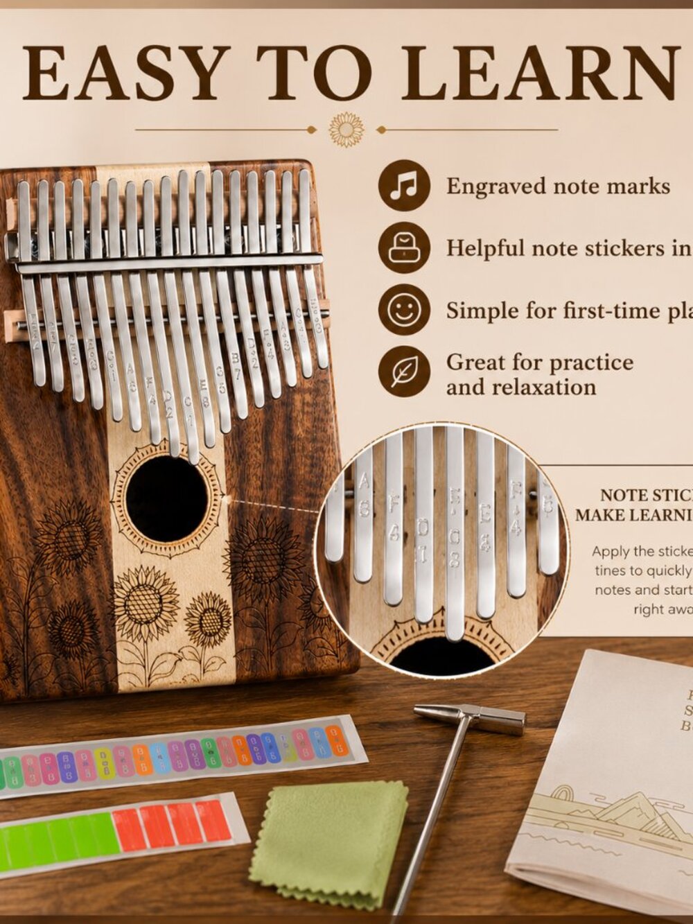 17 Key Wooden Kalimba Sunflower Design Thumb Piano Beginner Gift Case - Picture 8 of 10